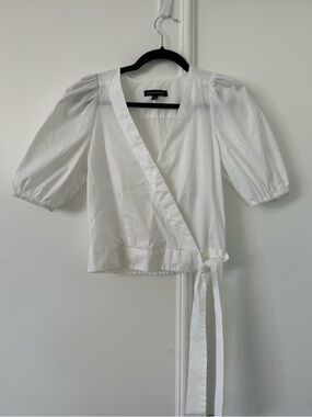 Banana Republic White Wrap Top with Puff Sleeves